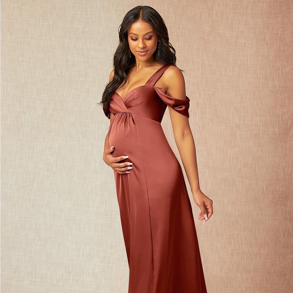 Flowy Off-The-Shouler Pleated Stretch Satin Long Dress Terracotta